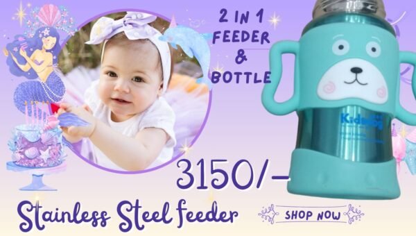 Stainless Steel Water Bottle and Steel Feeder -260 ml - 2 in 1  |  Safety material 0% BPA free | with Rubber cover